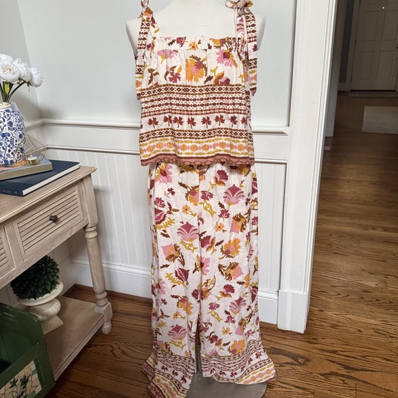 Good Luck Gem Pants - Good Luck Gem 2 Piece Set Floral Print Tank Wide Leg Pants Women's M Linen Blend